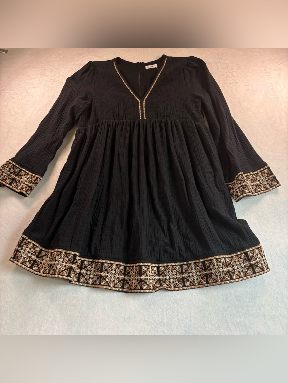 Black Embroidered Hem Mini Dress with Gold Trim